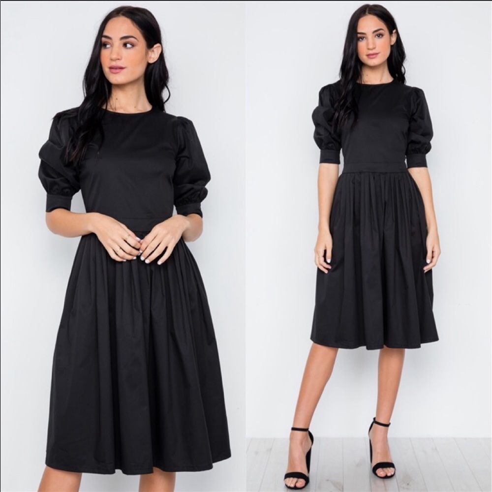 Puffed sleeve black midi dress